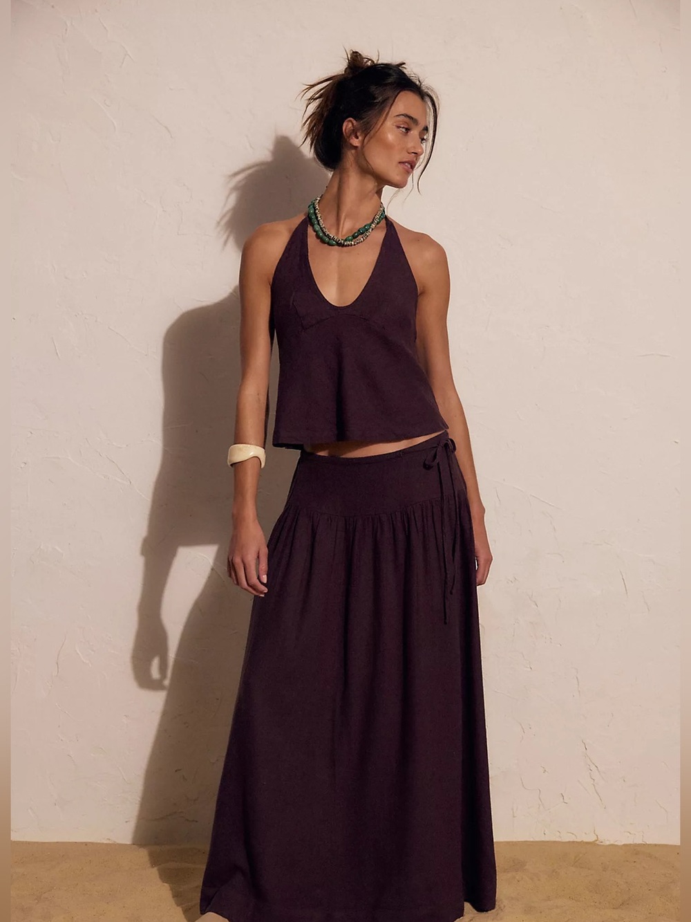 Free People Sandshell Linen Skirt Set Fudge